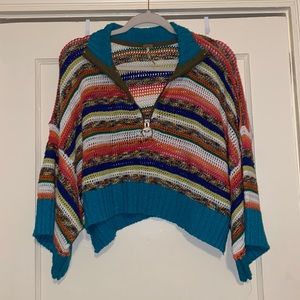 Free People Knit Striped Cropped Half Zip